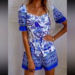 NWOT Blue Floral Print Ruffle Romper